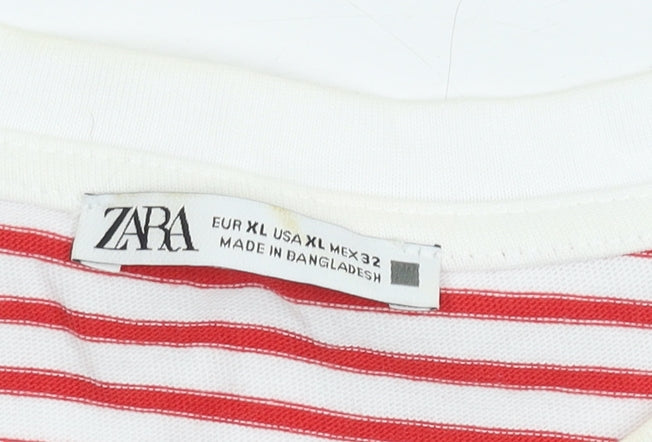 Zara Women's Red Striped Cotton T-Shirt XL
