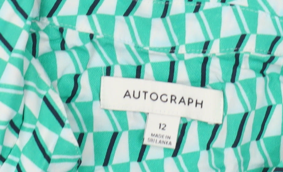 Close-up detail of Autograph Women's Green Geometric Button-Up Shirt, size 12