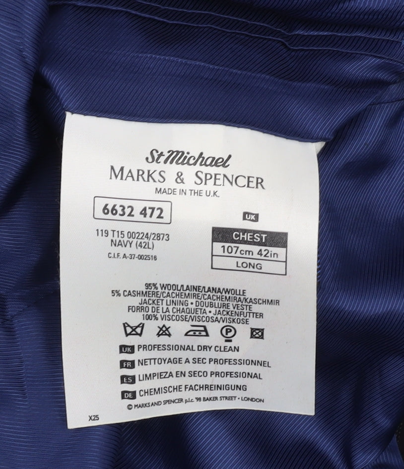 Marks & Spencer Men's Navy Blazer, 42L, Striped Wool Blend