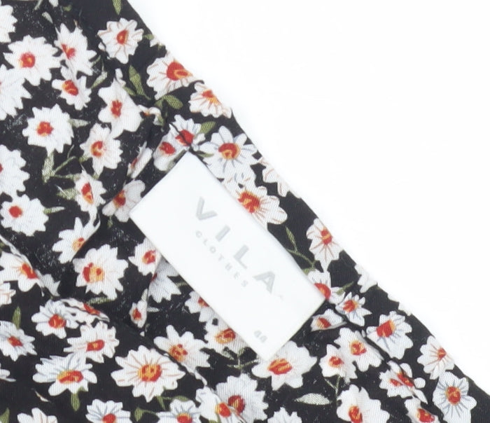 VILA Women's Black Floral A-Line Dress Size 14 Puff Sleeve