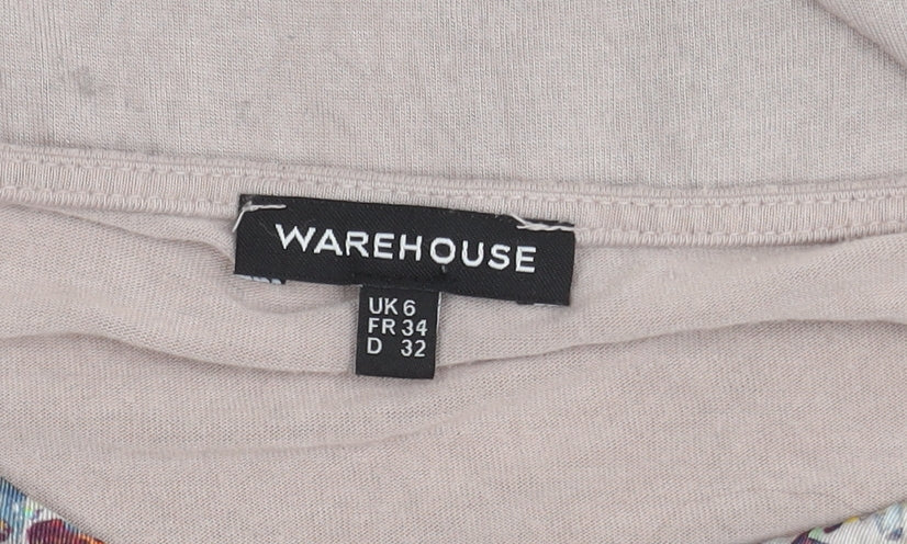 Warehouse Women's Beige Floral Top, Size 6, Short Sleeve