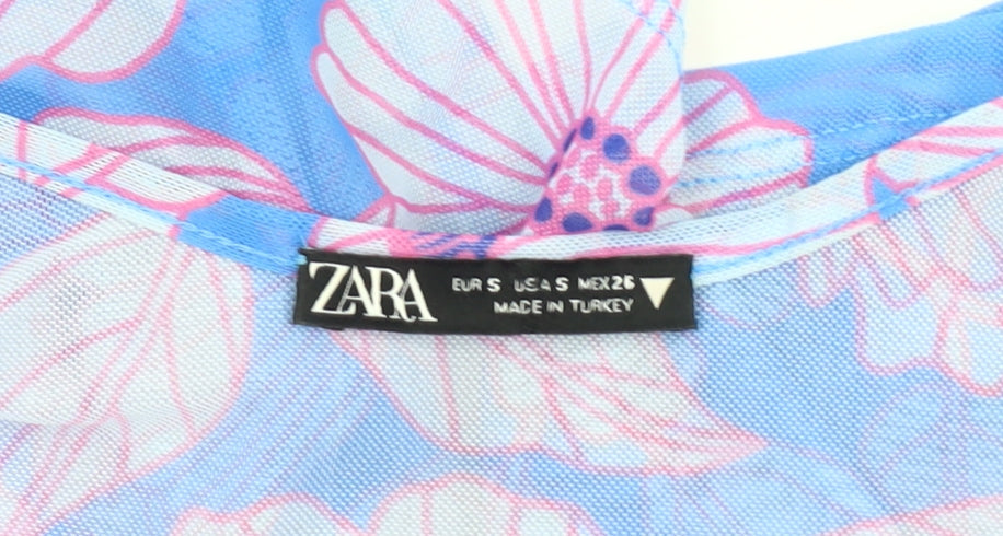 Zara Women’s Blue Floral Mesh Long Sleeve Blouse