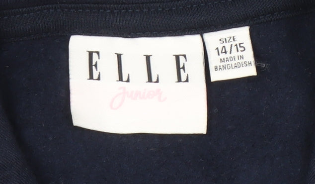 Brand and care label for ELLE girls’ blue pullover hoodie -, size 14/15, years