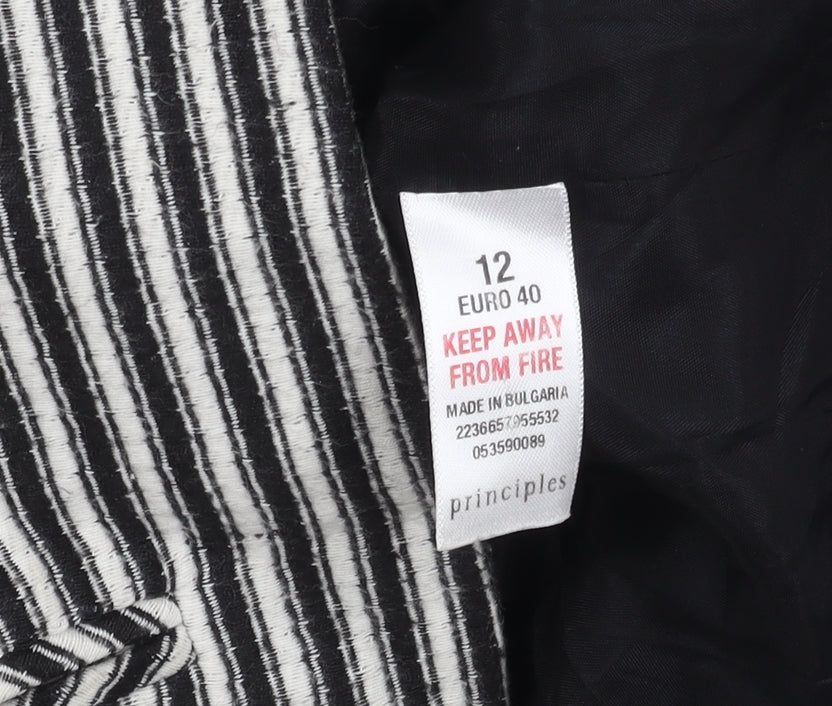 Brand and care label for Principles Women's Black Striped Blazer, size 12