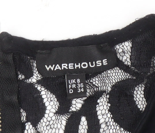 Warehouse Women's Black Lace Blouse, Size 8, Short Sleeve