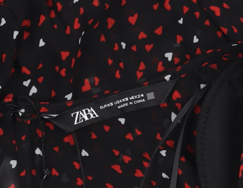 Zara Women's Black with Red and White Hearts Long Sleeve Dress XS