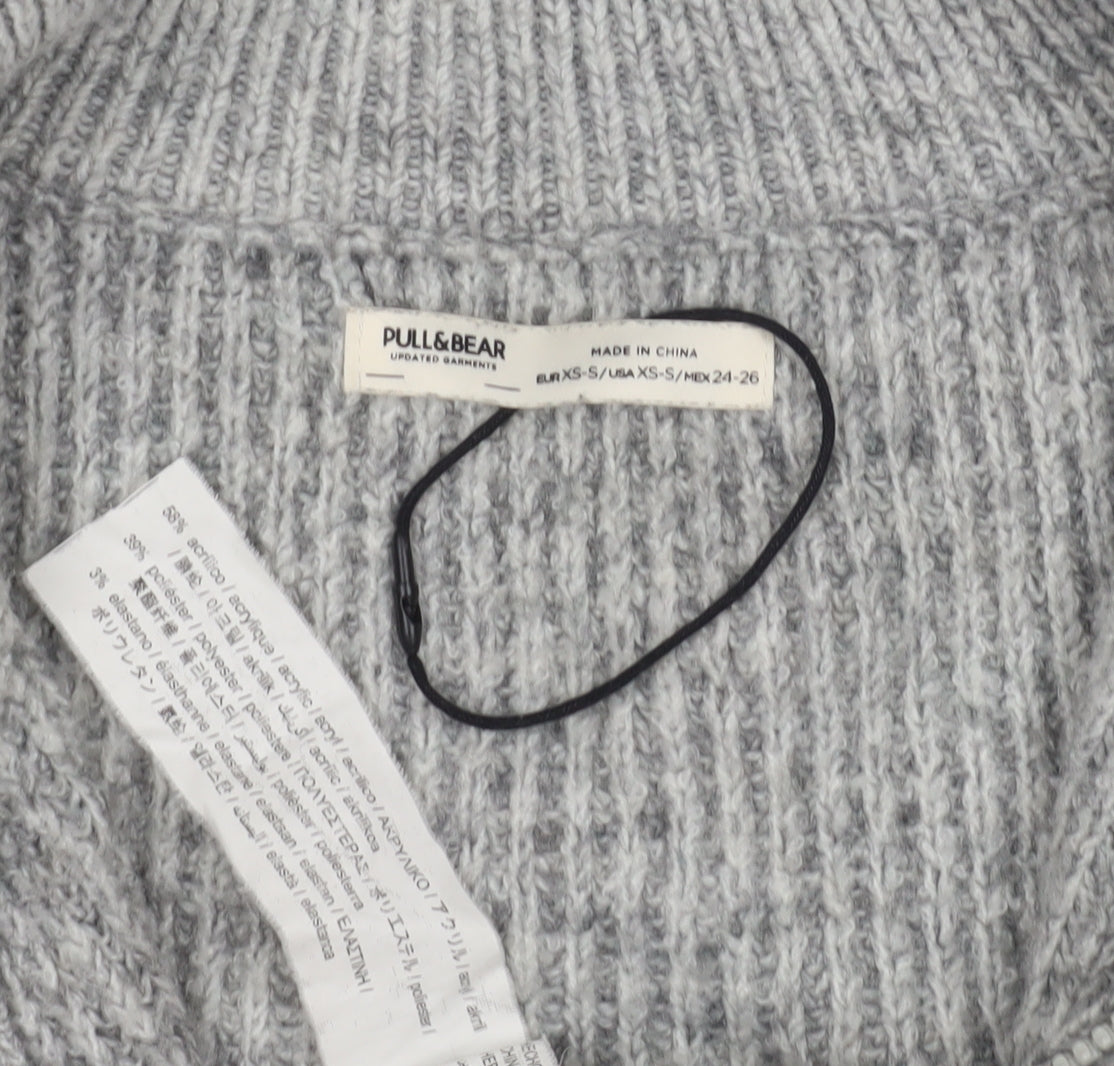 Pull&Bear Women's Grey Full Zip High Neck Jumper XS