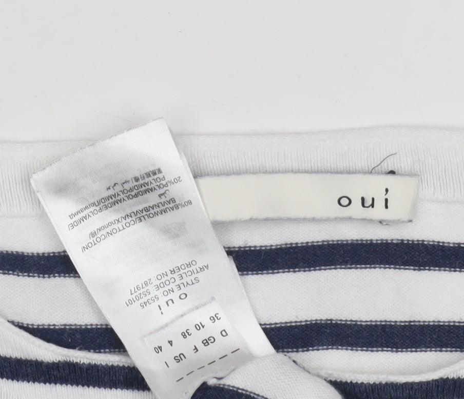 Oui Women's White Striped 3/4 Sleeve Boat Neck T-Shirt