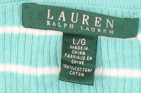 Lauren Ralph Lauren Women's Green Striped V-Neck Jumper