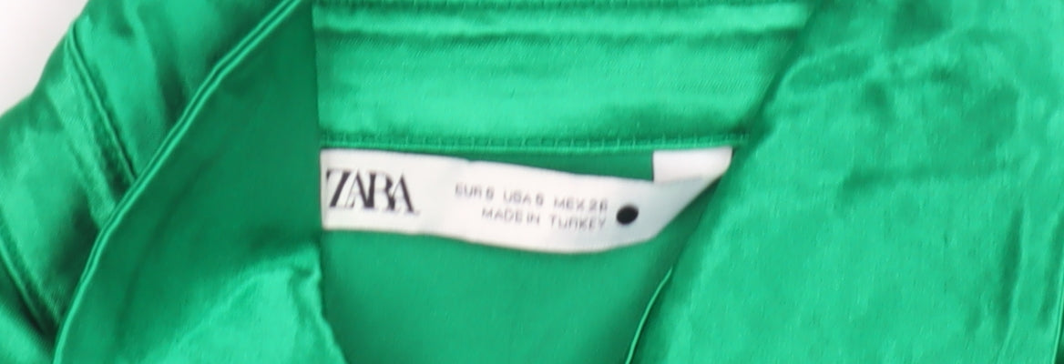 Zara Green Women's Button-Up Shirt, Size 8, Satin
