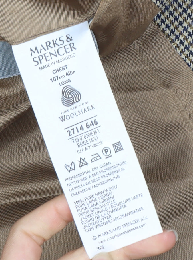 Marks & Spencer Men Beige Check Wool Blazer 42L