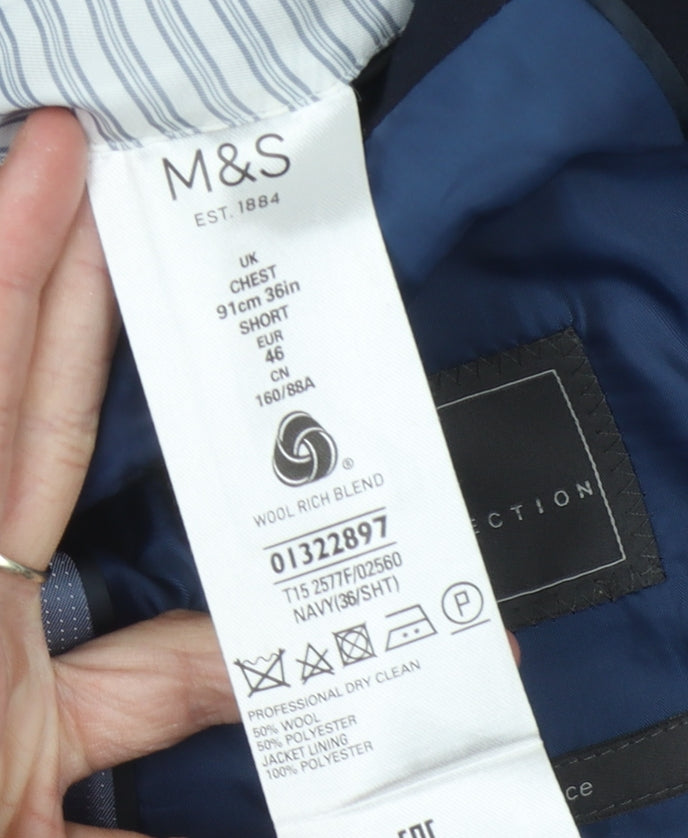 Marks & Spencer Men's Blue Wool Blend Blazer, Size 36 Short