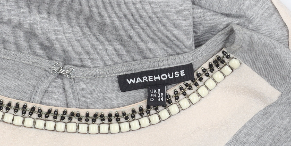 Warehouse Women's Grey Beaded Short Sleeve Top