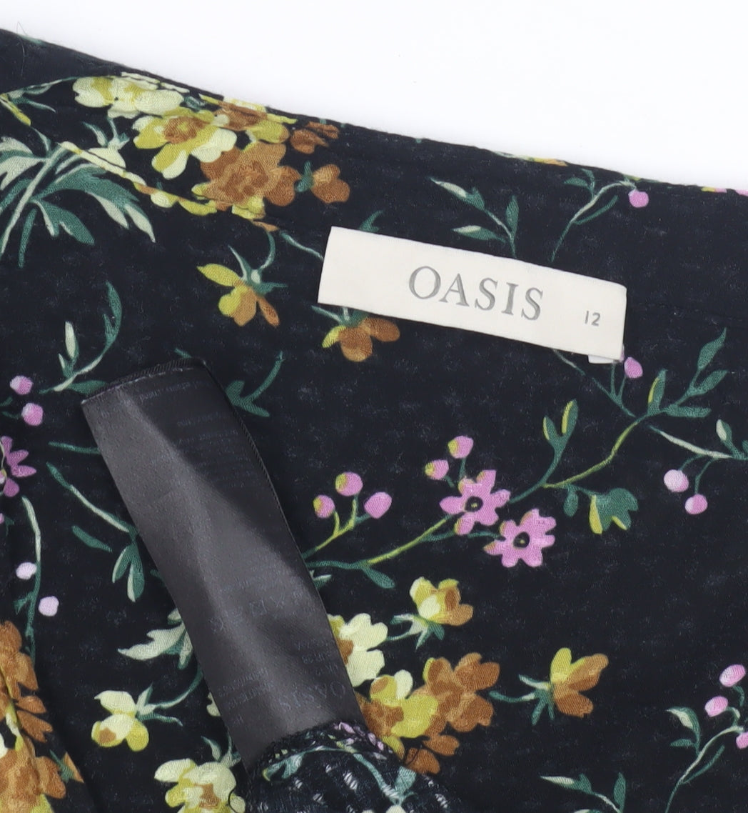 Oasis Women's Black Floral Blouse, Size 12, V-Neck