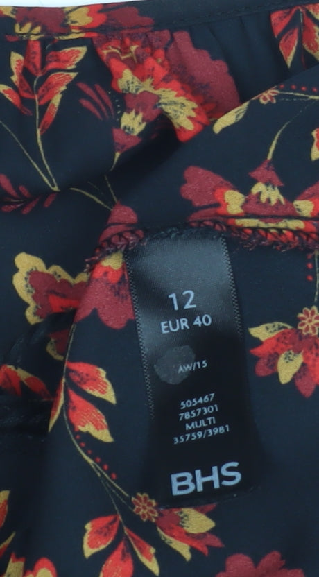 BHS Women's Black Floral Tunic Blouse Size 12