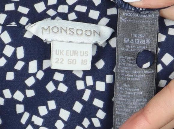 Monsoon Women's Blue Geometric Long Sleeve Blouse, Size 18