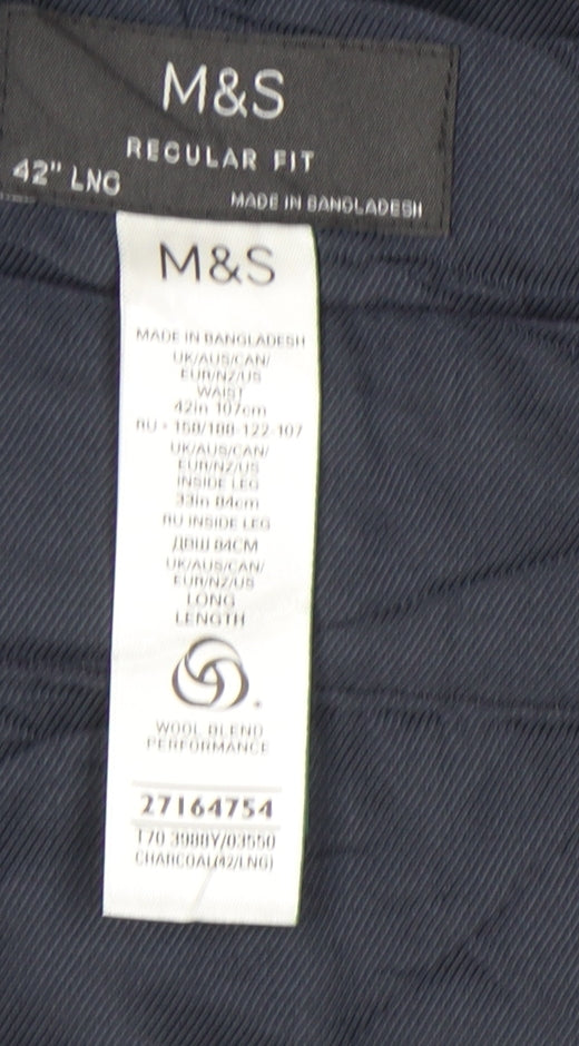 Marks & Spencer Men's Grey Regular Fit Trousers, Size 42