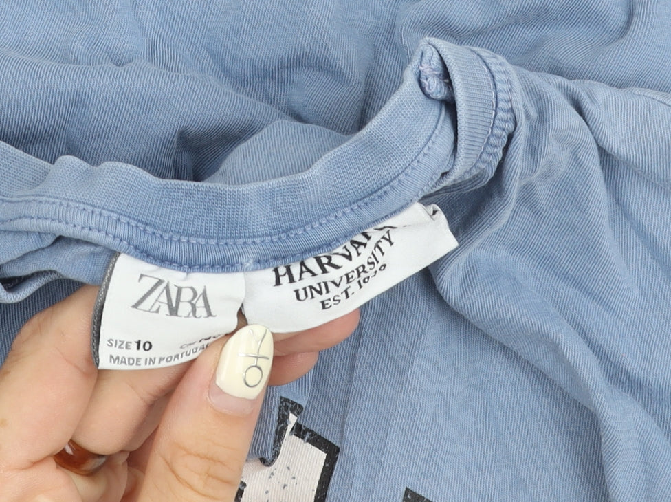 Zara Blue Women’s T-Shirt Size 10, Harvard Print
