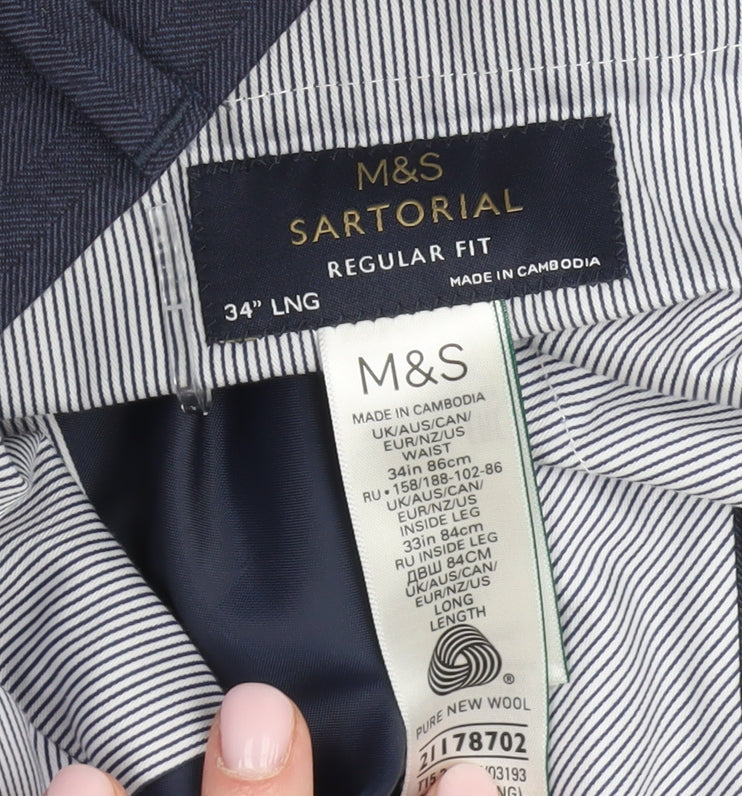 Marks & Spencer Men's Blue Regular Fit Wool Trousers
