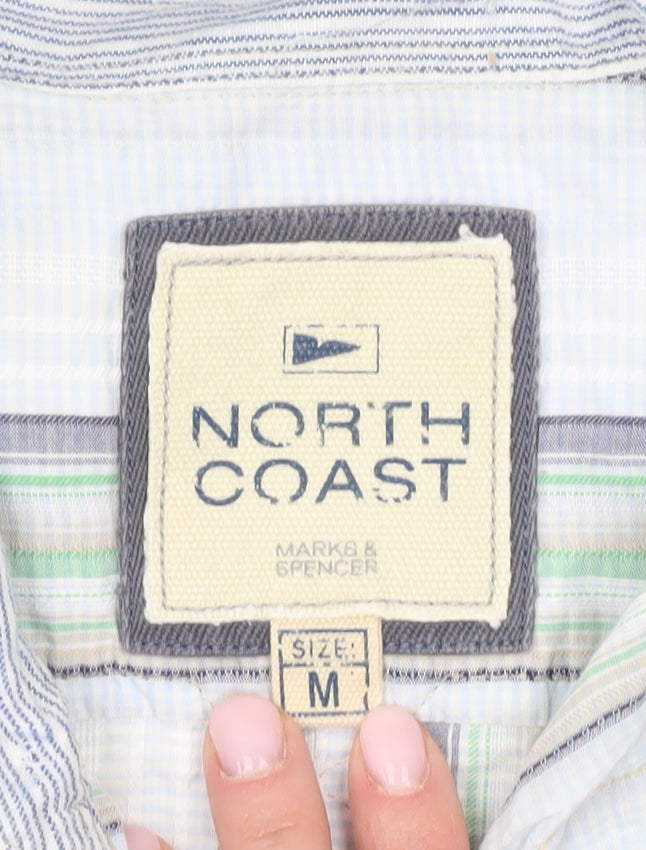 Marks & Spencer Men's Green Striped Button-Up Shirt M
