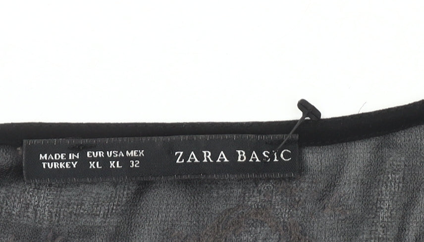 Zara Basic Women's Black Floral Round Neck Top XL