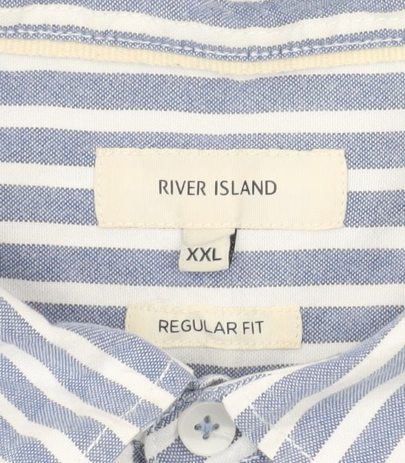 River Island Men's Blue Striped Short Sleeve Shirt - 2XL