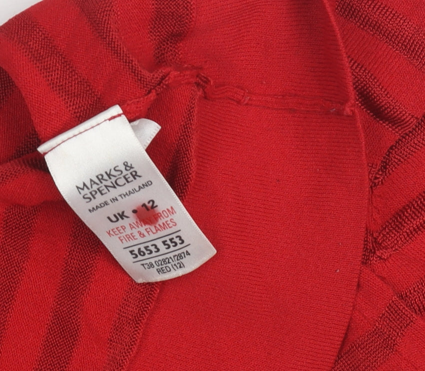 Marks & Spencer Women Red V-Neck Striped Pullover Jumper