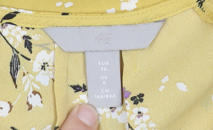 H&M Women's Yellow Floral Blouse Size 8 V-Neck