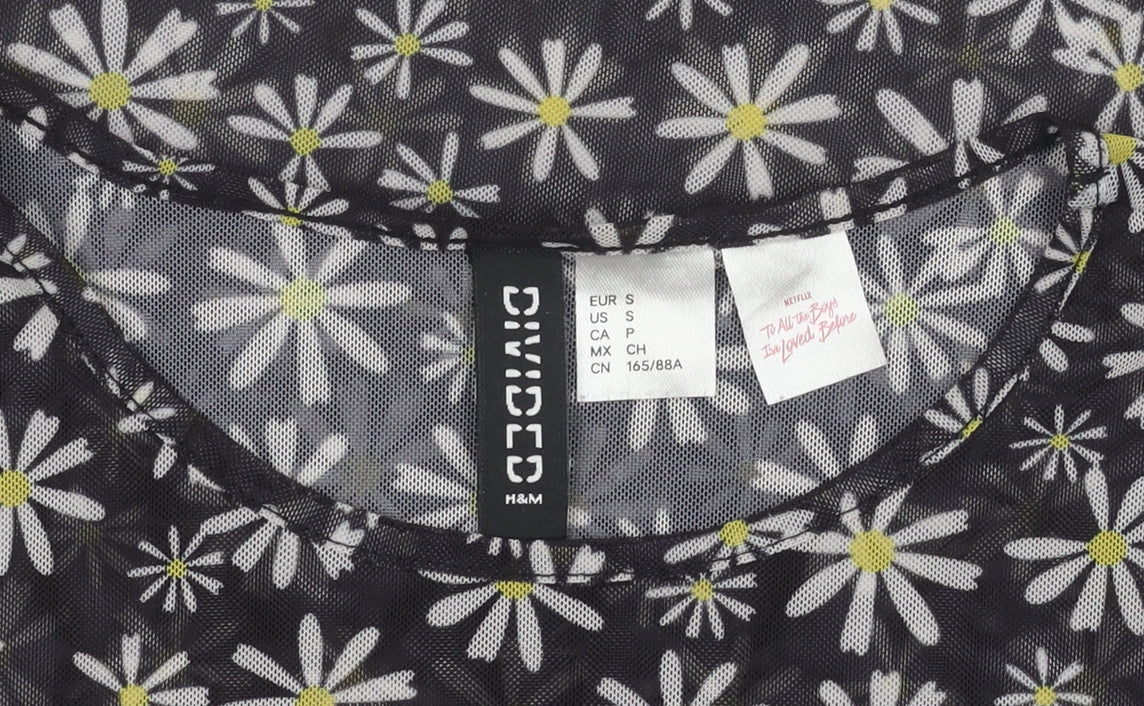 H&M Women’s Black Daisy Print Mesh Cropped T-Shirt
