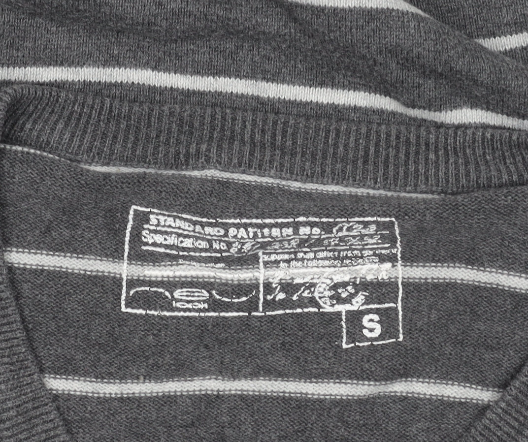 Women's Grey Striped V-Neck Pullover Jumper - S