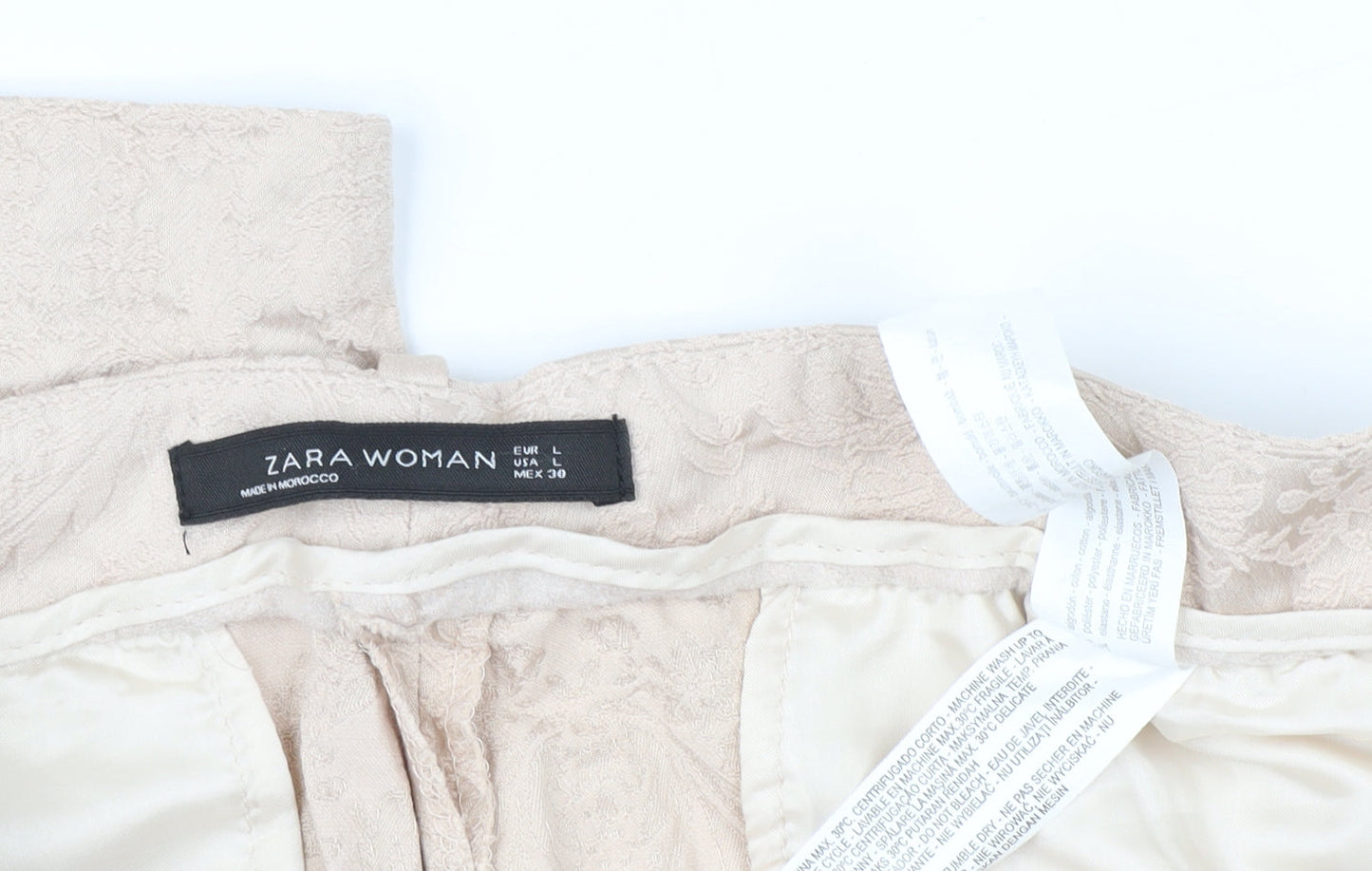 Zara Woman Beige Jacquard Straight Leg Trousers Women L Regular Fit