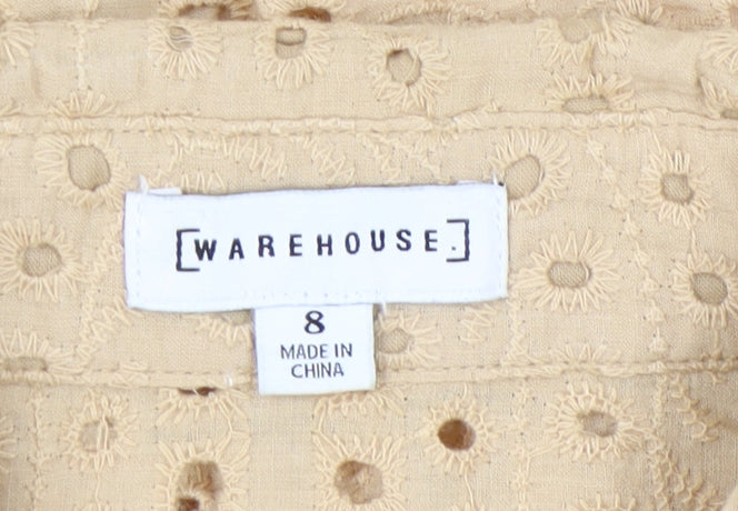 Warehouse Women’s Beige Cotton Embroidered Button-Up Shirt Size 8