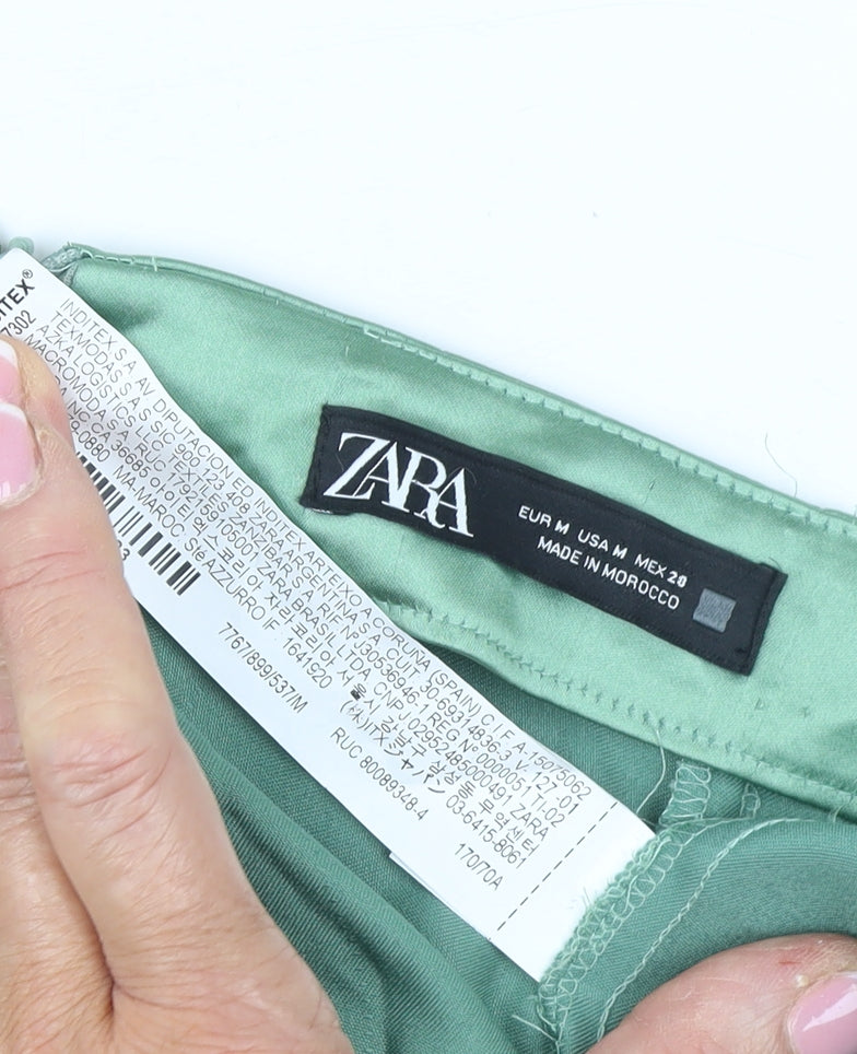Zara Women’s Green Satin Midi Skirt Size 12 High Rise Slit