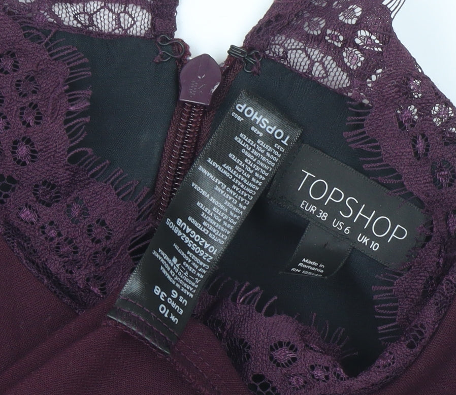 Topshop Women Purple Size 10 Lace Long Sleeve Shift Dress Party