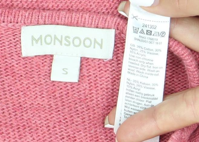 Monsoon Women’s Pink V-Neck Tunic Jumper S 3/4 Sleeve Knit