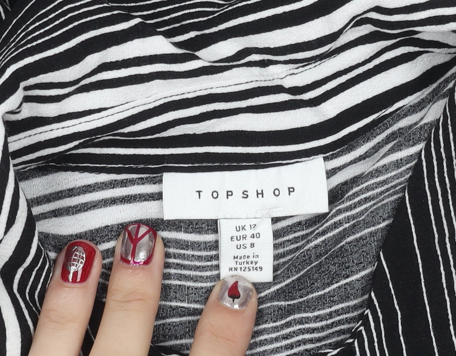 Topshop Women's Black Striped Button-Up Shirt Size 12 Long Sleeve