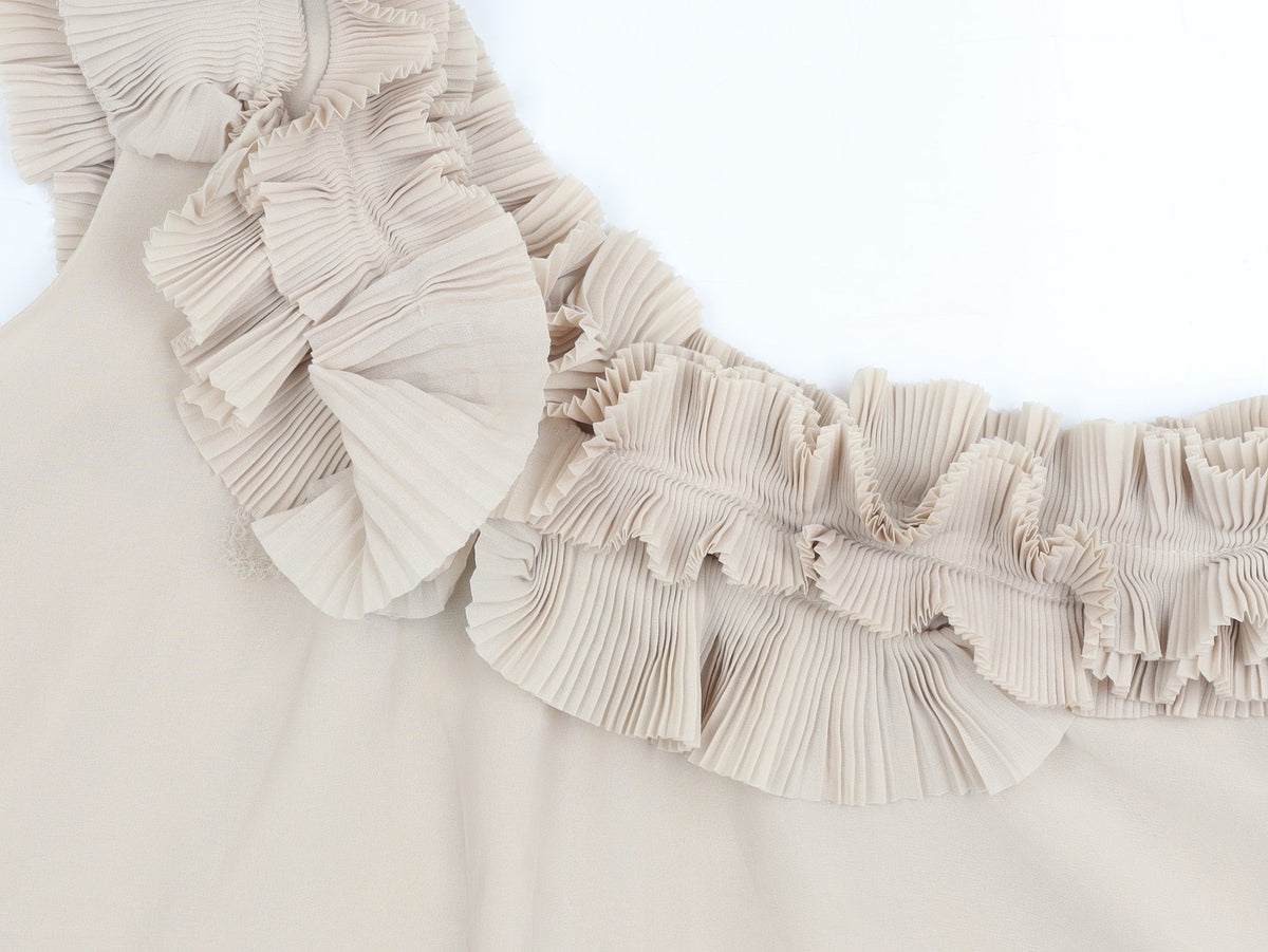 H&M Women’s Beige Chiffon One Shoulder Ruffle Blouse Size 10 Summer