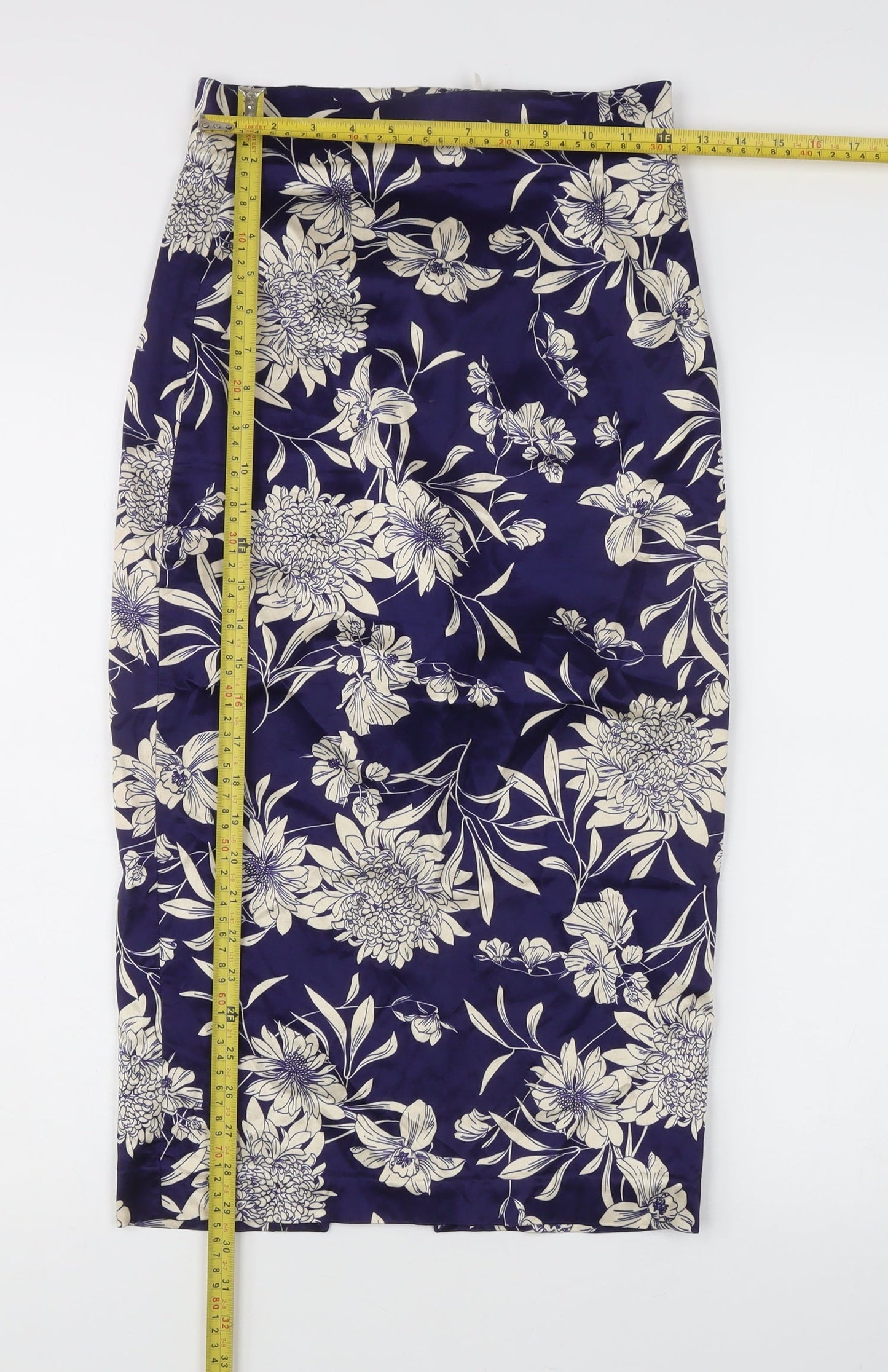 Zara Woman Women's Blue Floral Midi Pencil Skirt XS Satin High Rise