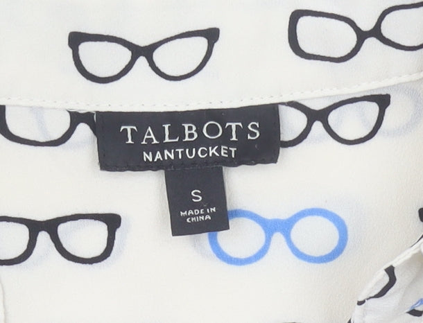 Talbots Women Ivory Sleeveless Button-Up Glasses Print Top S