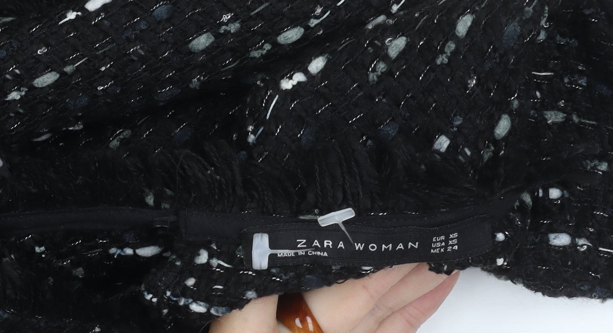 Zara Woman Black Tweed Shift Dress Women XS Fringe Knee Length