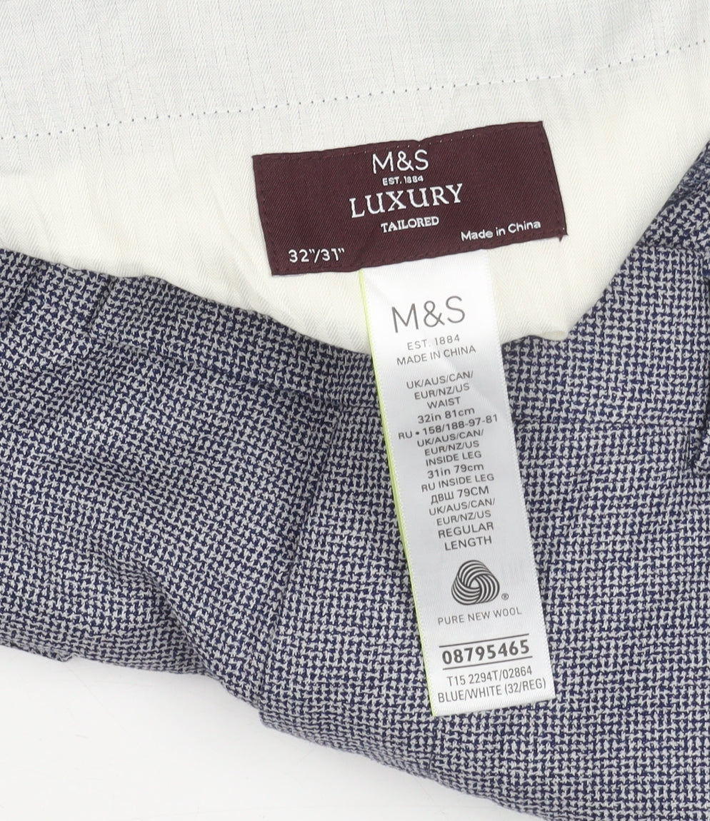 Marks & Spencer Men's Blue Check Wool Dress Pants 32x31 Slim