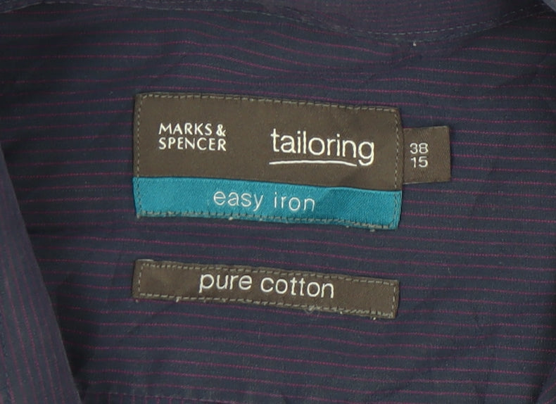 Marks & Spencer Men's Blue Striped Cotton Dress Shirt 38 Long Sleeve