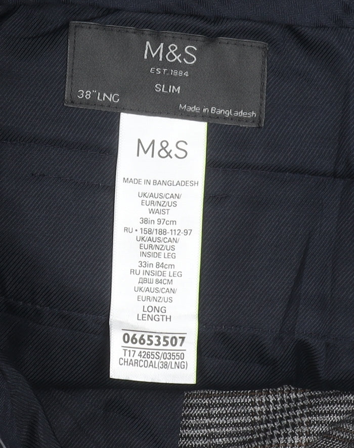 Marks & Spencer Men's Grey Check Slim Fit Dress Pants 38W 33L