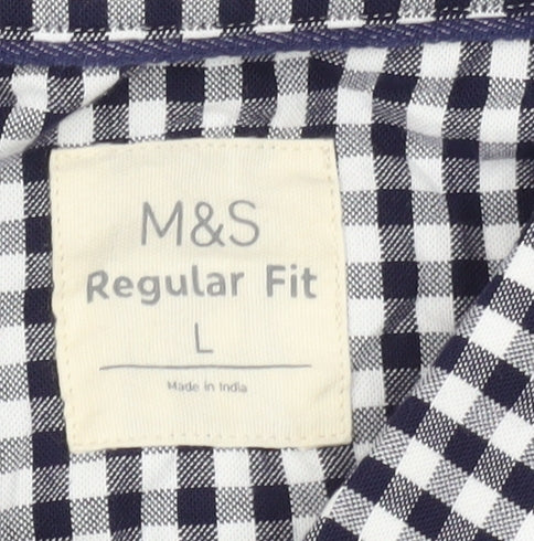 Marks & Spencer Men Blue Check L Regular Fit Short Sleeve Shirt