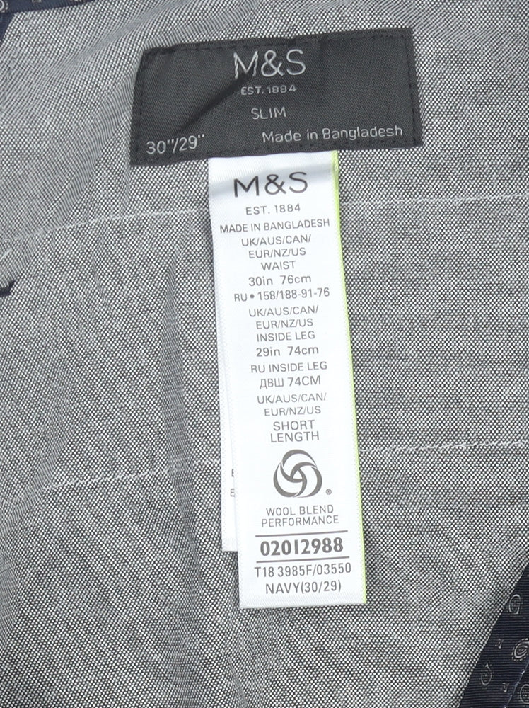 Marks & Spencer Men’s Blue Slim Wool Blend Dress Pants 30W 29L