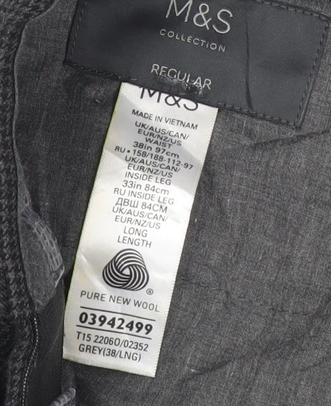 Marks & Spencer Men’s Grey Check Wool Dress Trousers 38W 33L