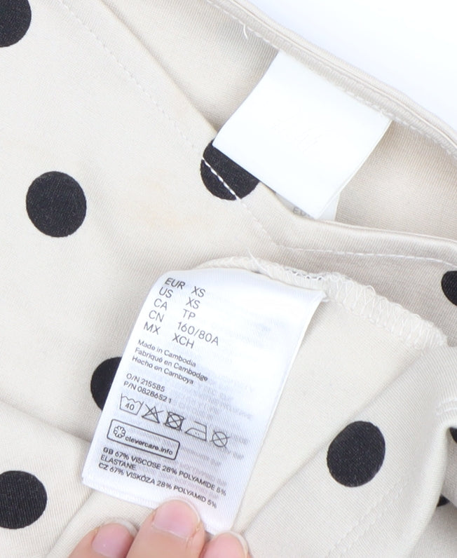 H&M Women’s Beige Polka Dot Blouse XS Puff Sleeve Square Neck