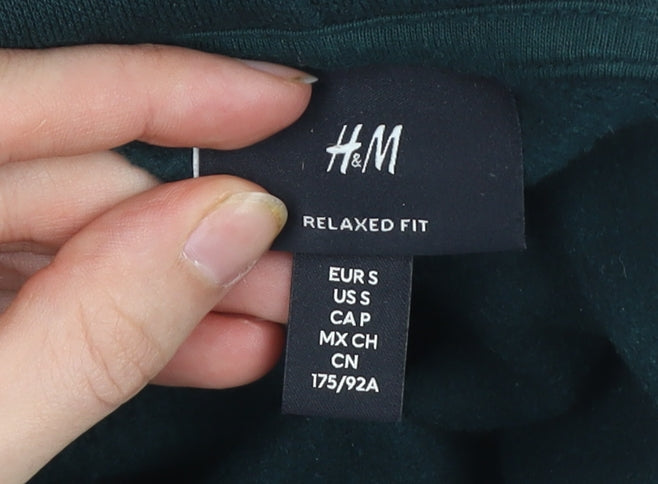H&M Men’s Green Pullover Hoodie S Relaxed Fit Cotton Polyester
