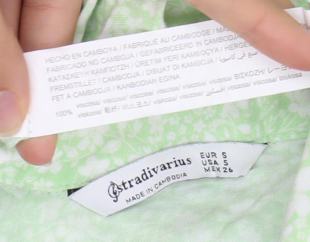 Stradivarius Women’s Green Floral Shirt Dress Size 8 Collared Ruffle