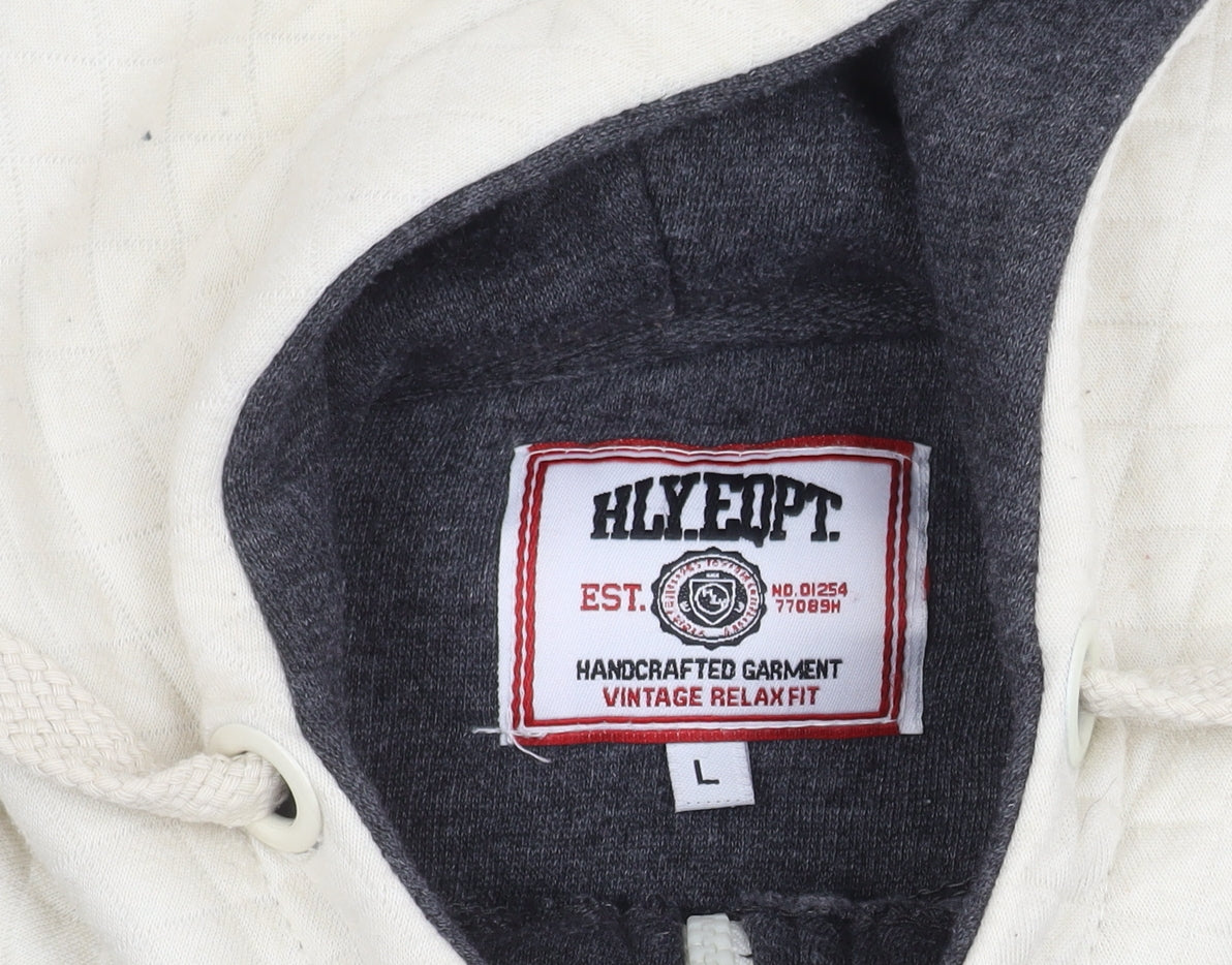 HLYEQPT. Men’s Grey White Varsity Hooded Jacket Size L Cotton Blend